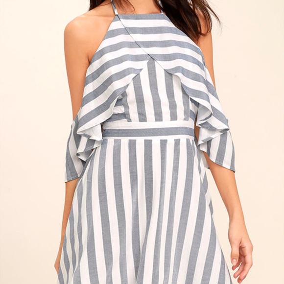 **CLOSET CLEAR OUT** BLUE AND WHITE STRIPED OFF-THE-SHOULDER DRESS - Picture 2 of 5